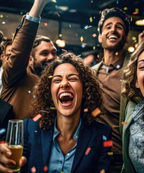 People cheering at a corporate axe throwing event